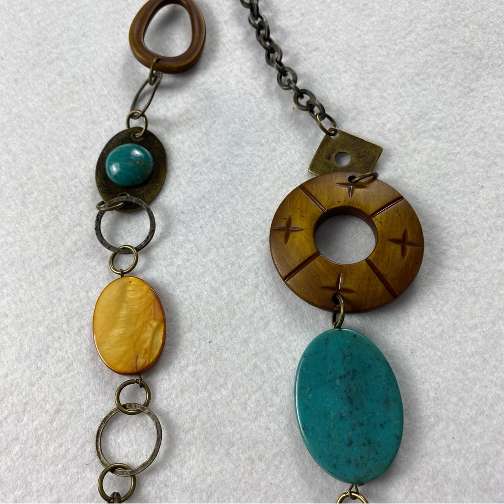 Long Bronze 34” Turquoise Brown Amber Chain Necklace Bohemian Western Wooden
